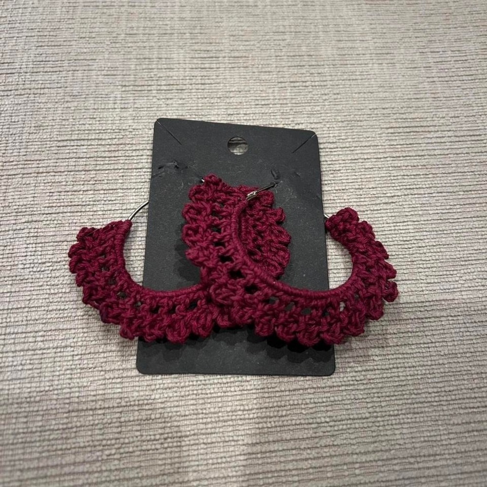 Burgundy crochet hoop earrings